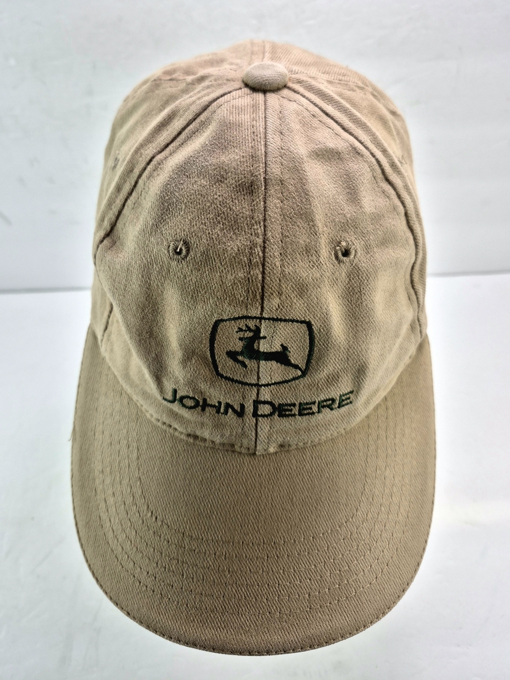 Vintage John Deere Khaki Tan Embroidered Baseball Cap Hat Adjust Strap Cotton